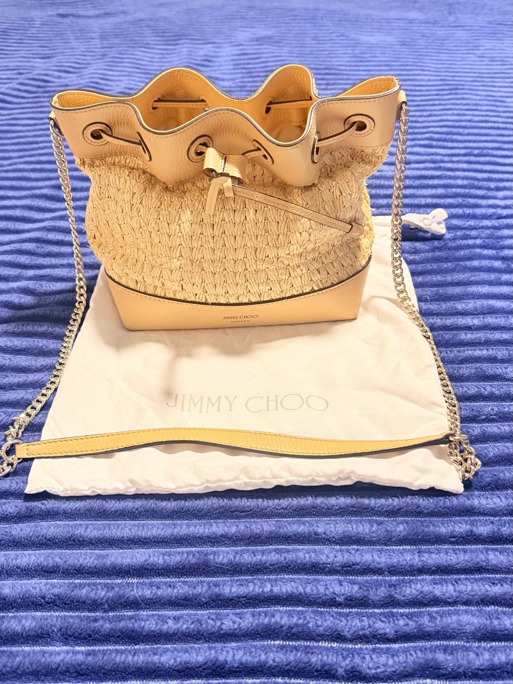 Jimmy Choo Yellow Straw & Leather Drawstring Bucket Bag
